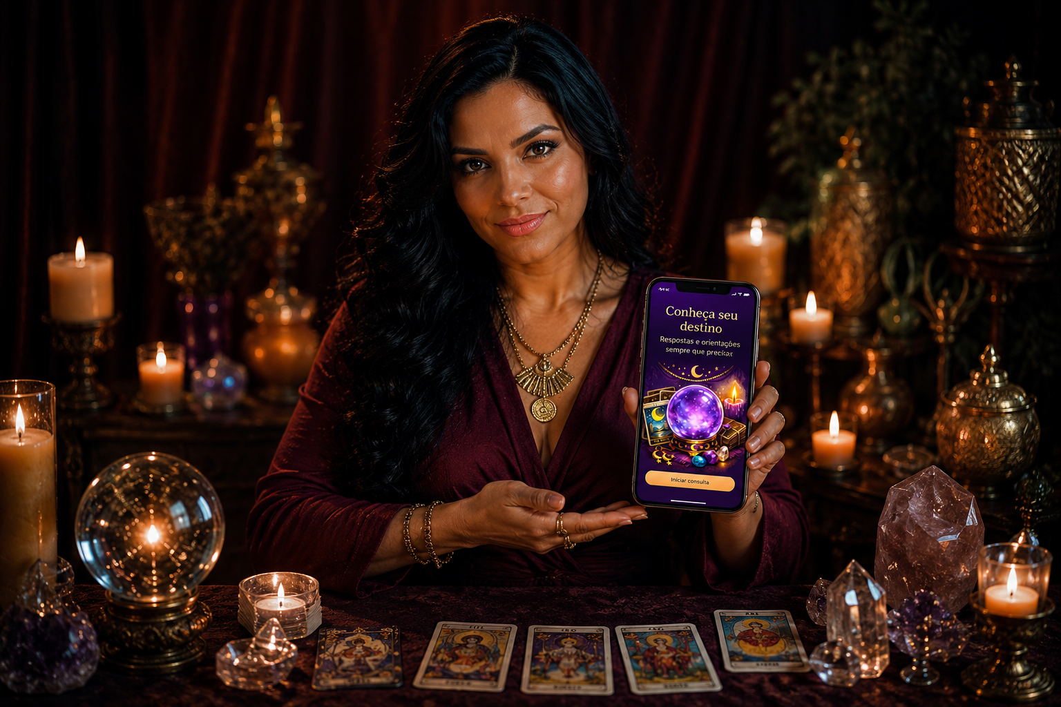 Cartomante com cartas e cristais